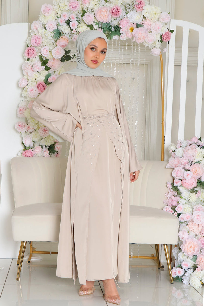 Aurora Beaded Tie Abaya Set- Beige