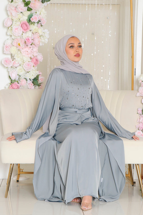 Celene Beaded Wrap Abaya Set- Mint Gray