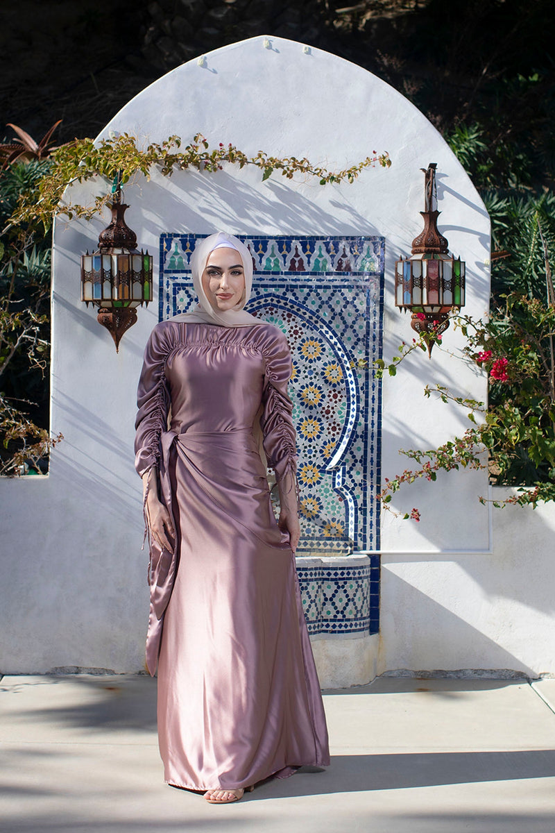 Keira Wrap Satin Dress- Dusty Rose