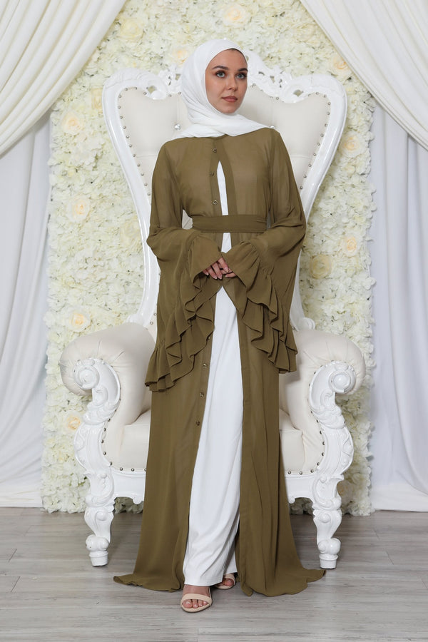 Premium Chiffon Bell Sleeve Cardigan- Olive Green