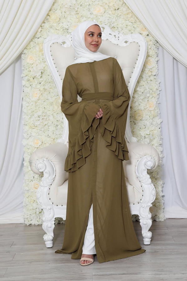 Premium Chiffon Bell Sleeve Cardigan- Olive Green