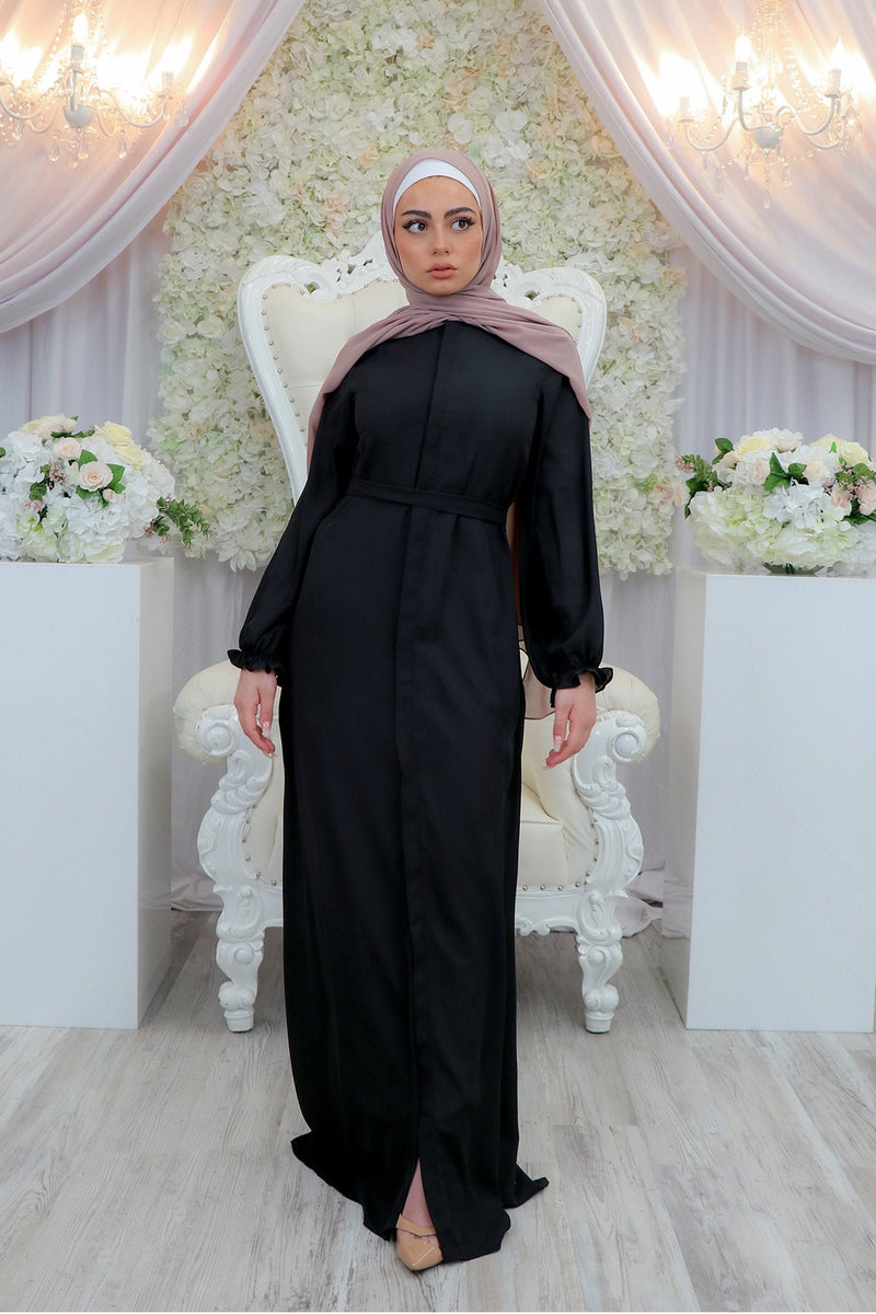 Chiffon Hidden Button Cardigan Dress- Black