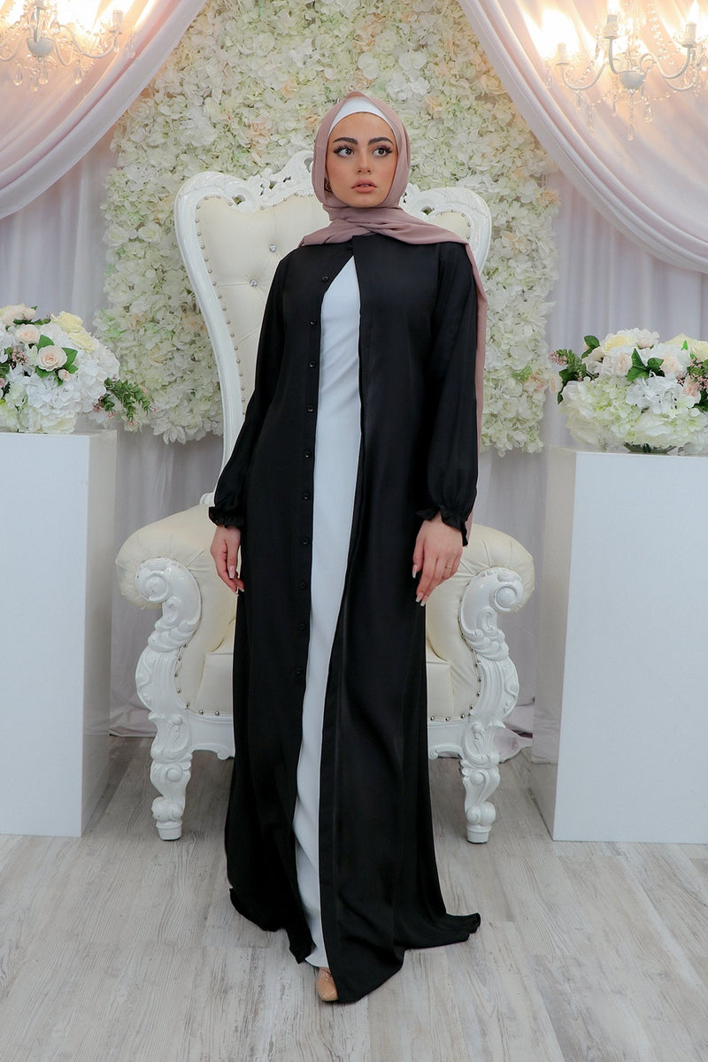 Chiffon Hidden Button Cardigan Dress- Black