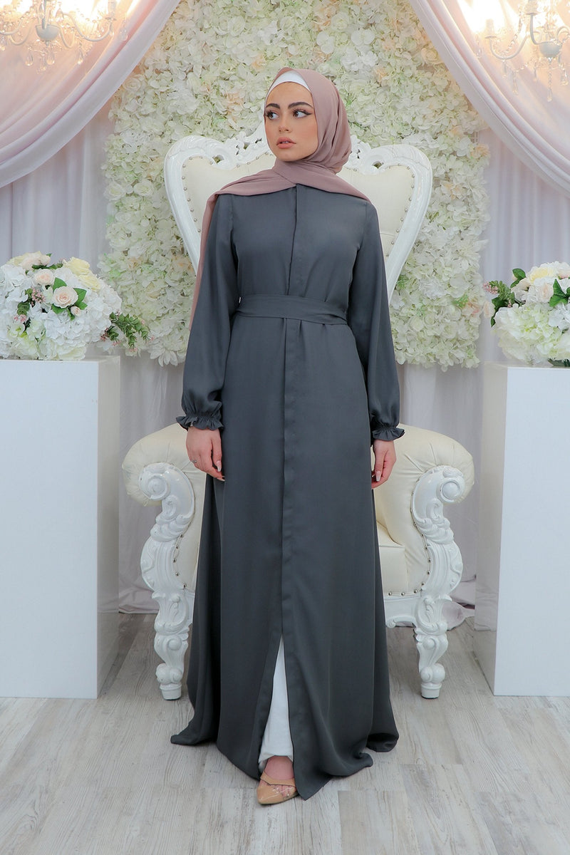 Chiffon Hidden Button Cardigan Dress- Deep Gray