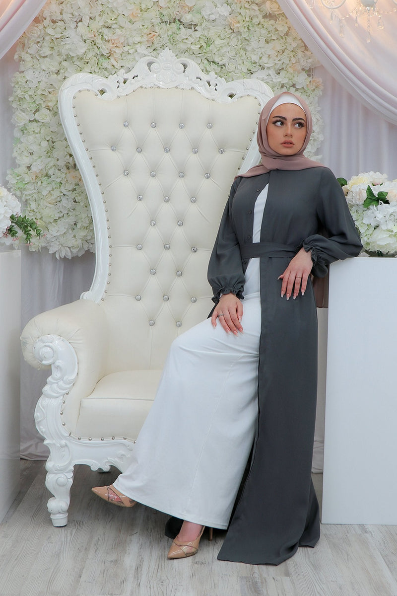 Chiffon Hidden Button Cardigan Dress- Deep Gray