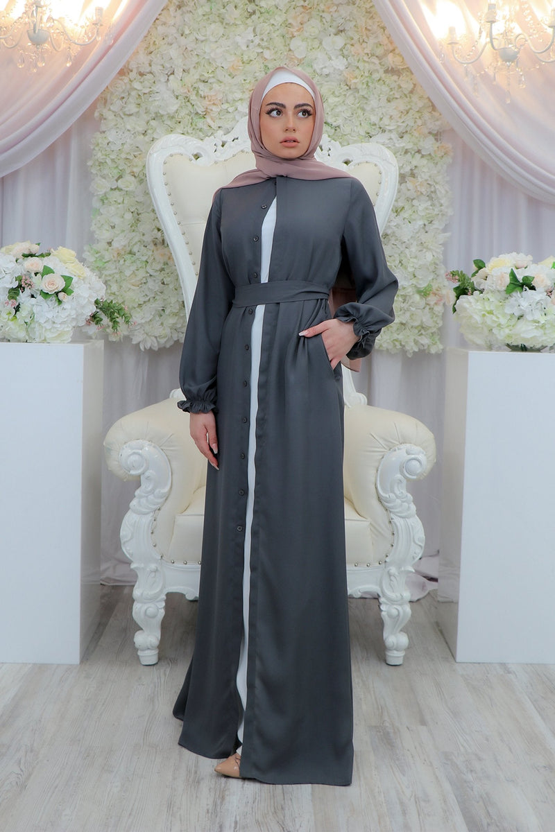 Chiffon Hidden Button Cardigan Dress- Deep Gray