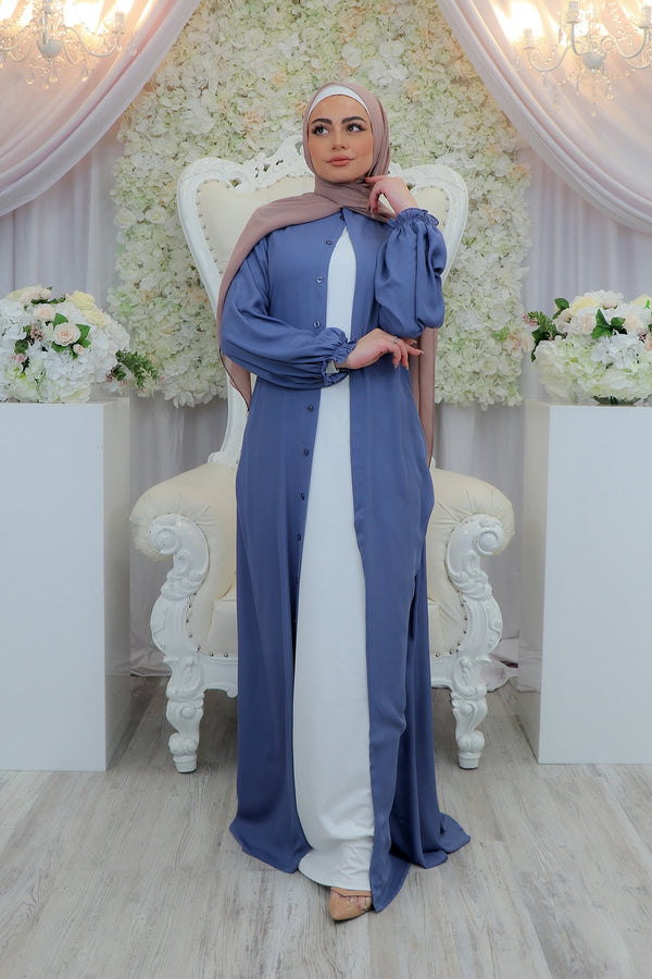 Chiffon Hidden Button Cardigan Dress- Blue Gray