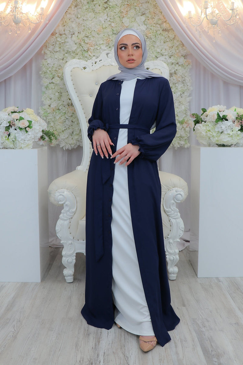 Chiffon Hidden Button Cardigan Dress- Navy Blue