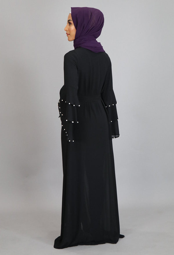 Black Chiffon Pearls Abaya Cardigan Dress (2223653224505)