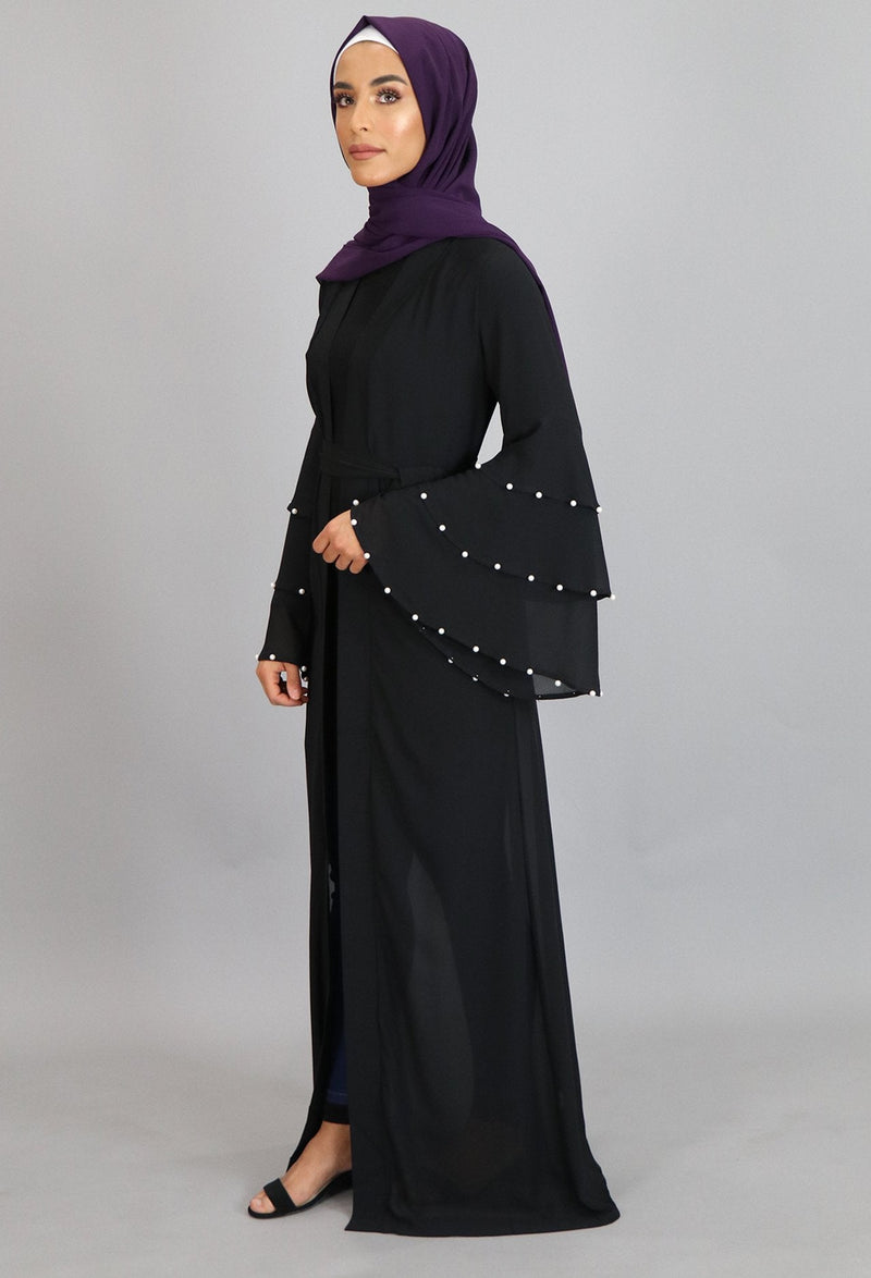 Black Chiffon Pearls Abaya Cardigan Dress (2223653224505)