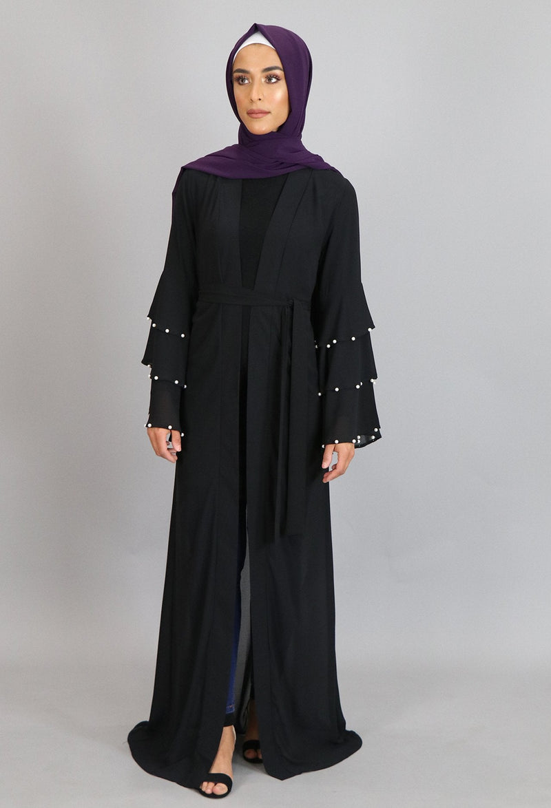 Black Chiffon Pearls Abaya Cardigan Dress (2223653224505)