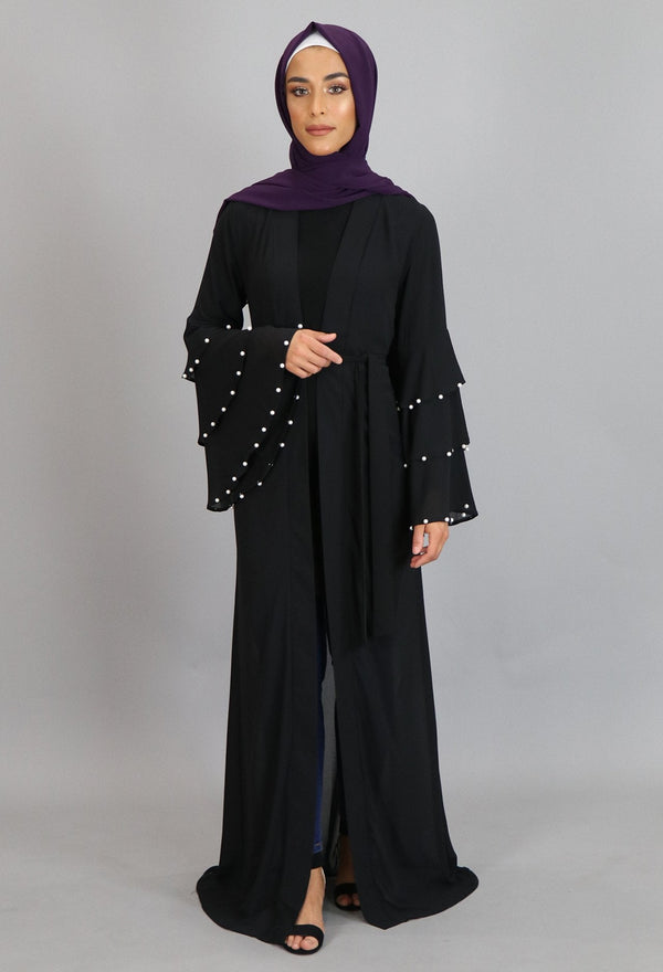 Black Chiffon Pearls Abaya Cardigan Dress (2223653224505)