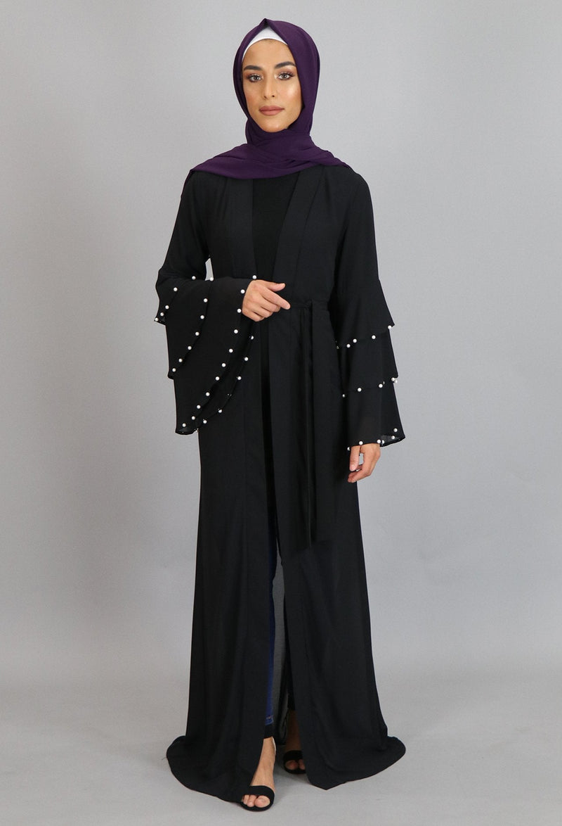 Black Chiffon Pearls Abaya Cardigan Dress (2223653224505)