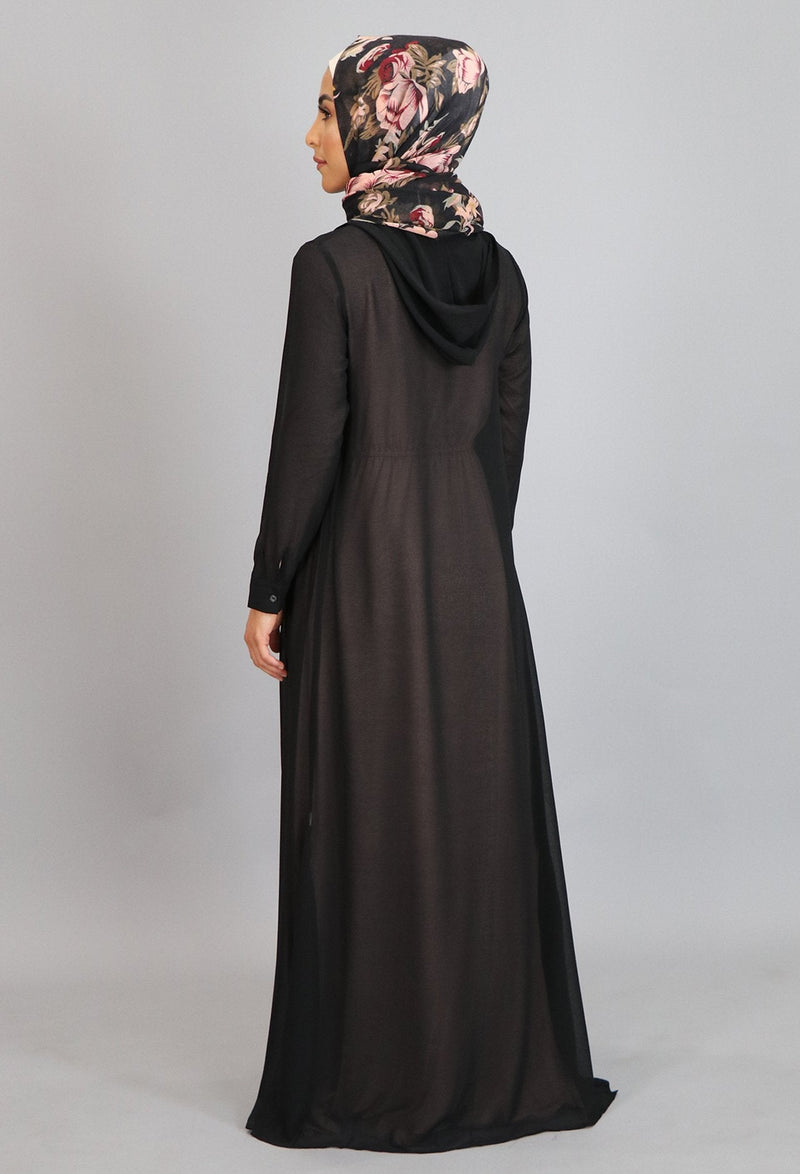 Black Chiffon Hooded Abaya Buttoned-Down Cardigan Dress (8306656003)