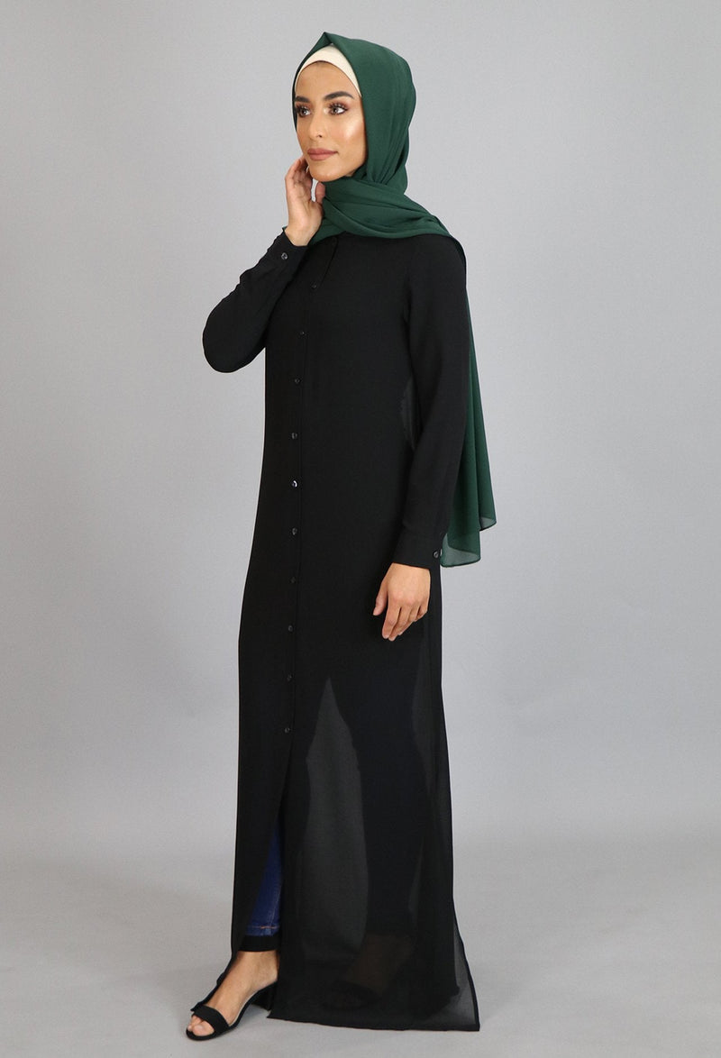 Black Chiffon Hooded Abaya Buttoned-Down Cardigan Dress (8306656003)
