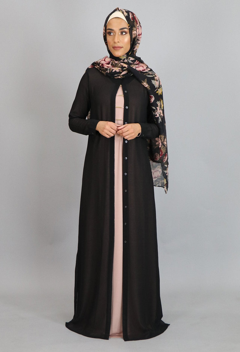 Black Chiffon Hooded Abaya Buttoned-Down Cardigan Dress (8306656003)