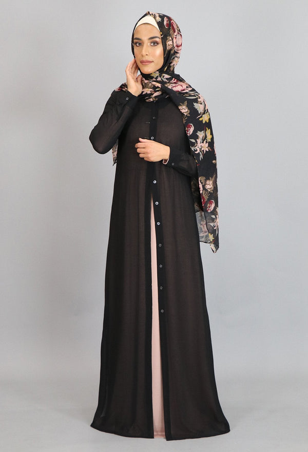 Black Chiffon Hooded Abaya Buttoned-Down Cardigan Dress (8306656003)