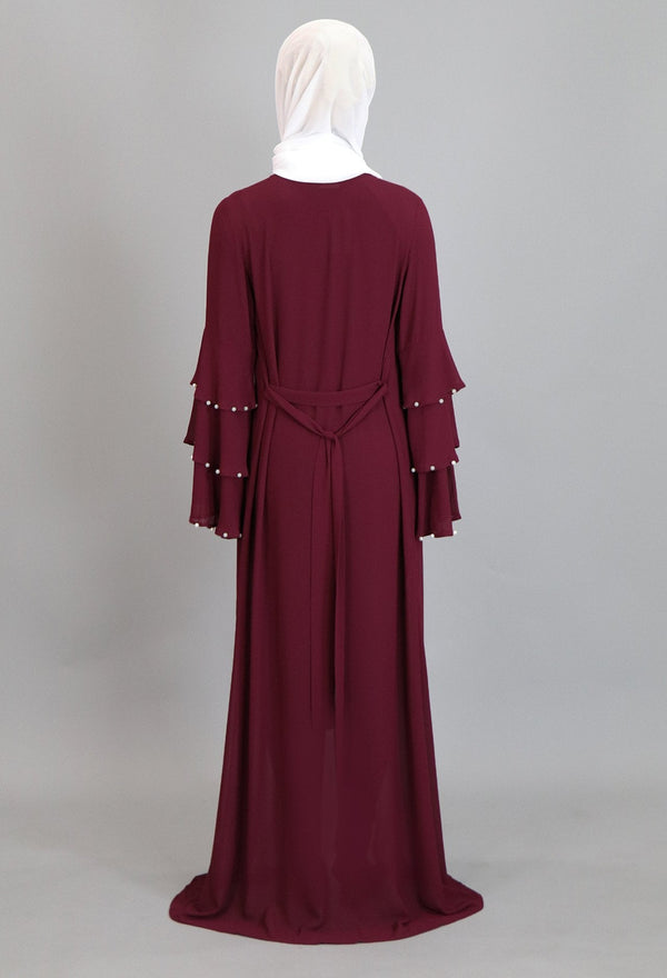 Burgundy Chiffon Pearls Abaya Buttoned-Down Cardigan Dress (2223658172473)