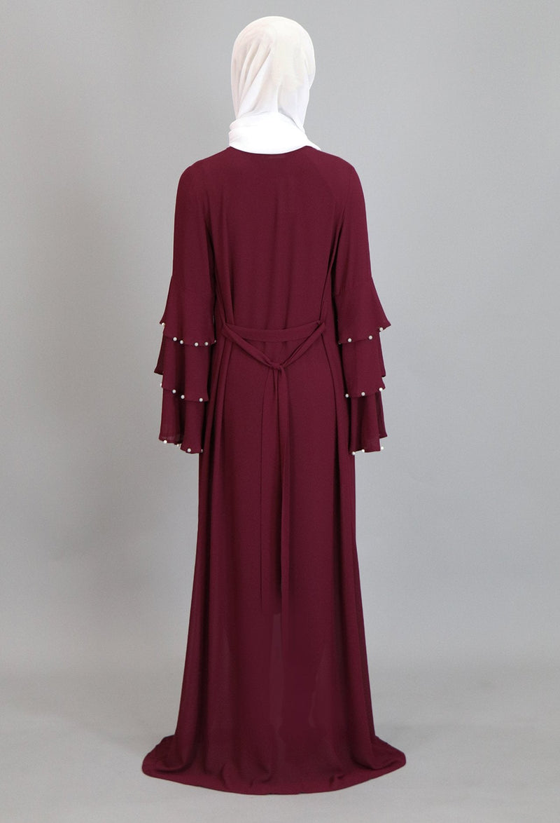 Burgundy Chiffon Pearls Abaya Buttoned-Down Cardigan Dress (2223658172473)
