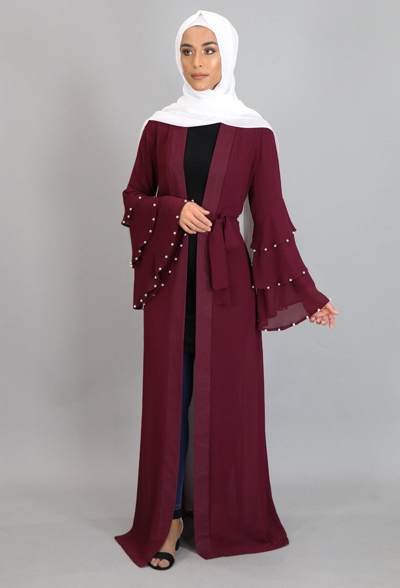 Burgundy Chiffon Pearls Abaya Buttoned-Down Cardigan Dress (2223658172473)