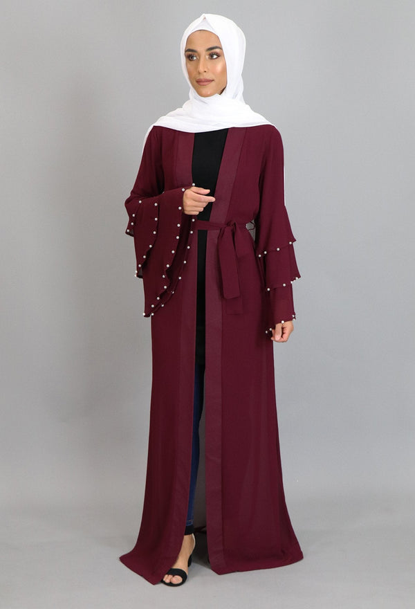 Burgundy Chiffon Pearls Abaya Buttoned-Down Cardigan Dress (2223658172473)