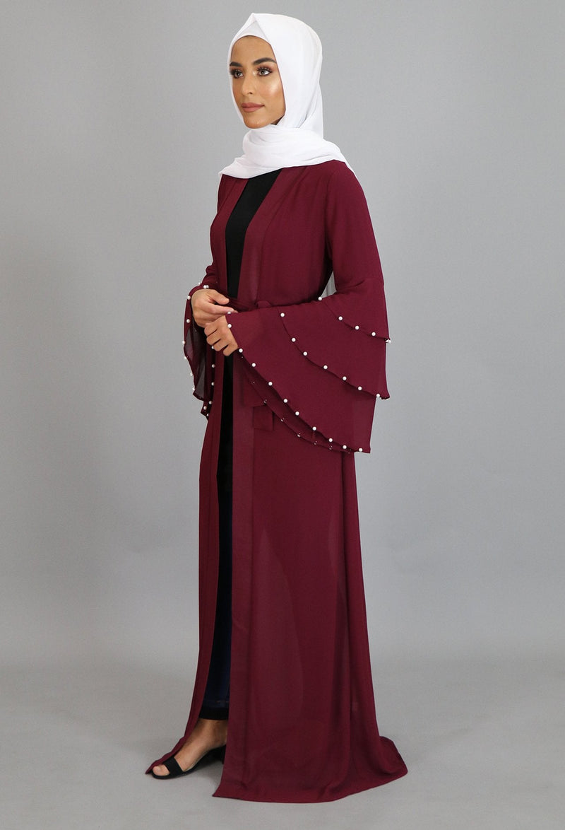 Burgundy Chiffon Pearls Abaya Buttoned-Down Cardigan Dress (2223658172473)