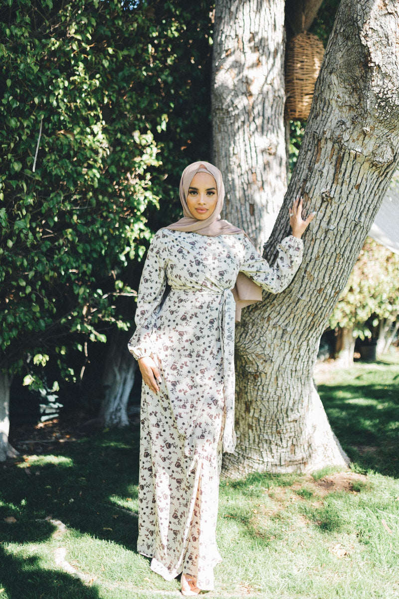 Dahlia Floral Wrap Dress- Beige
