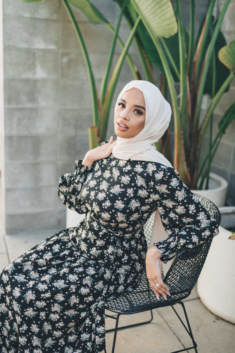 Nova Smock Floral Dress- Black & Beige
