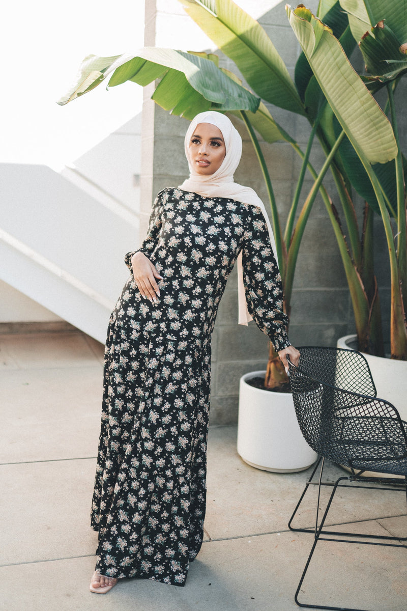 Nova Smock Floral Dress- Black & Beige