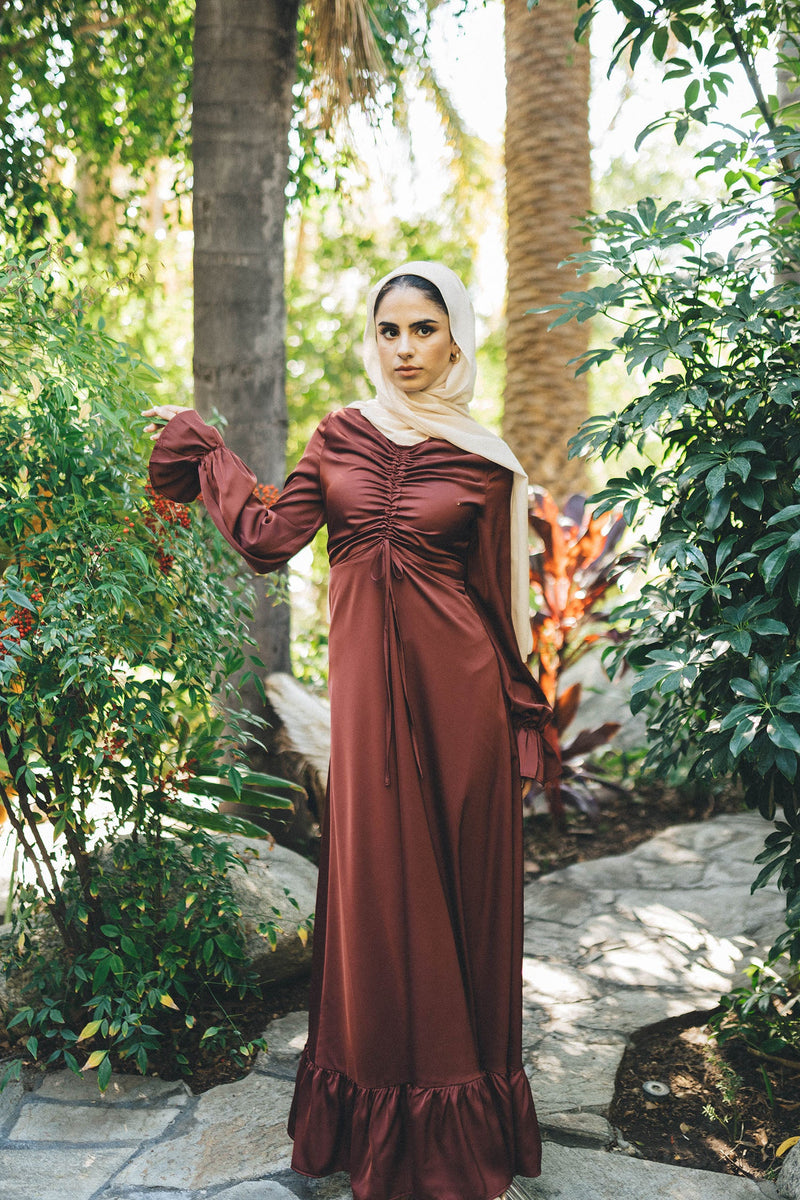Evie Ruched Satin Dress- Rusty Pink