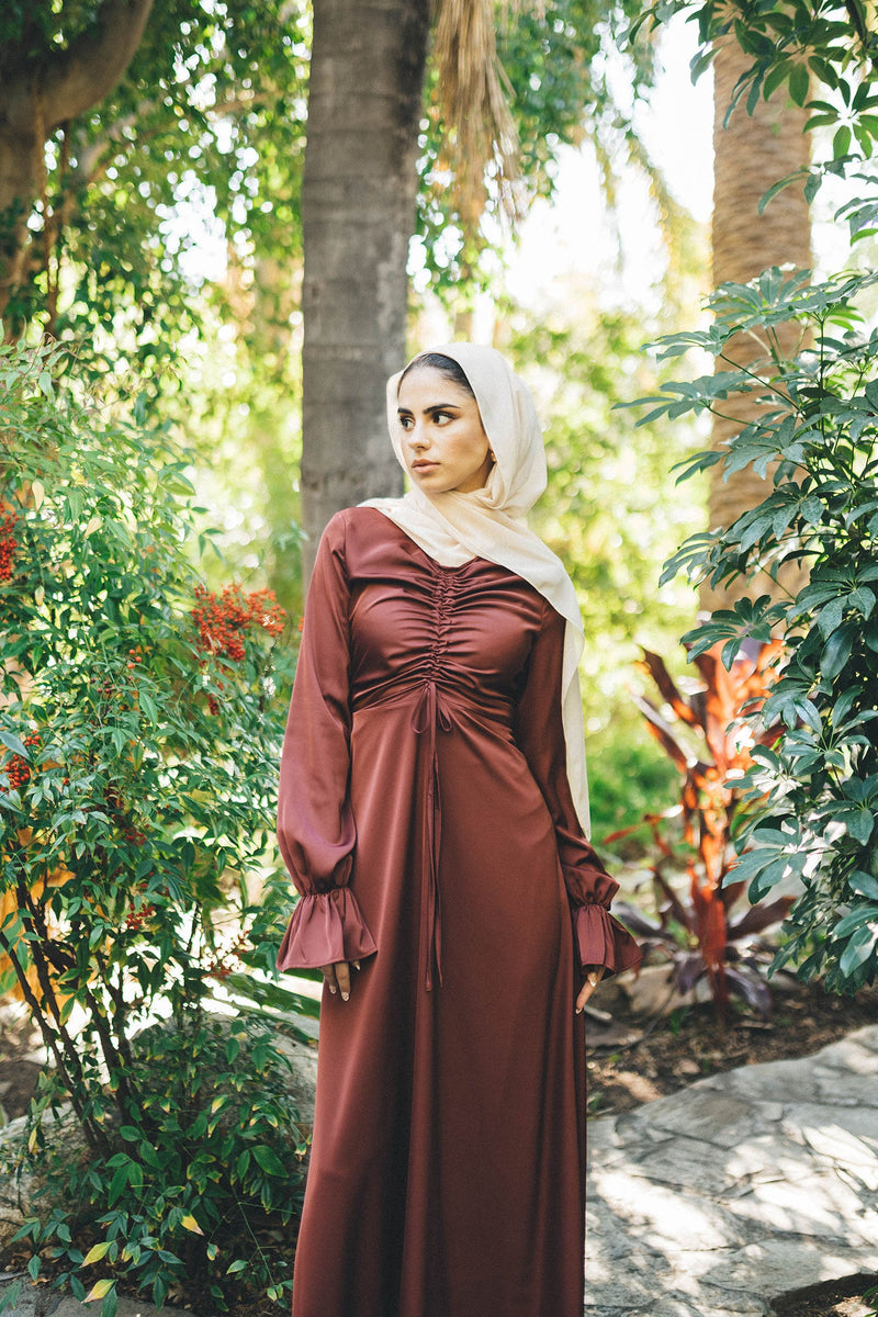 Evie Ruched Satin Dress- Rusty Pink