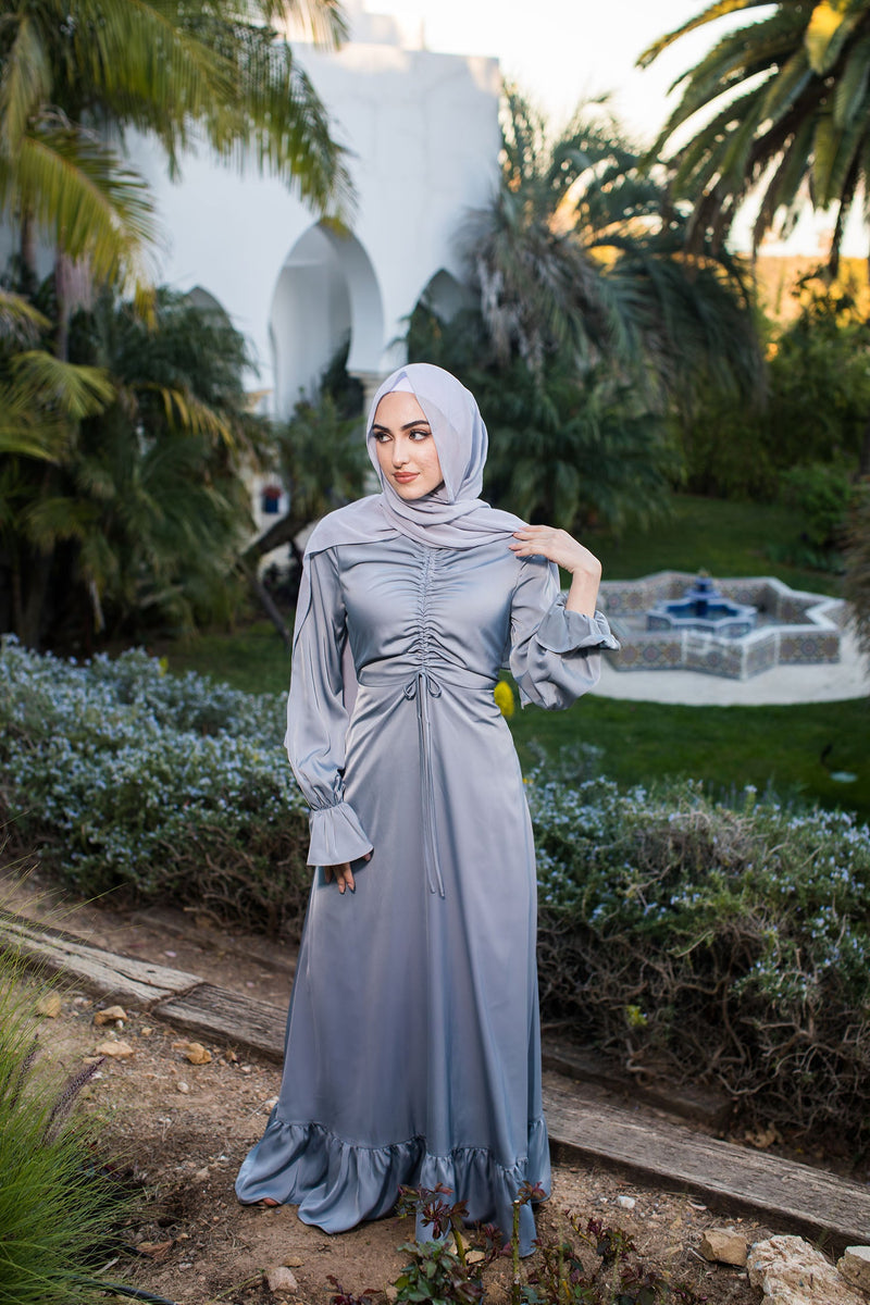 Evie Ruched Satin Dress- Mint Gray