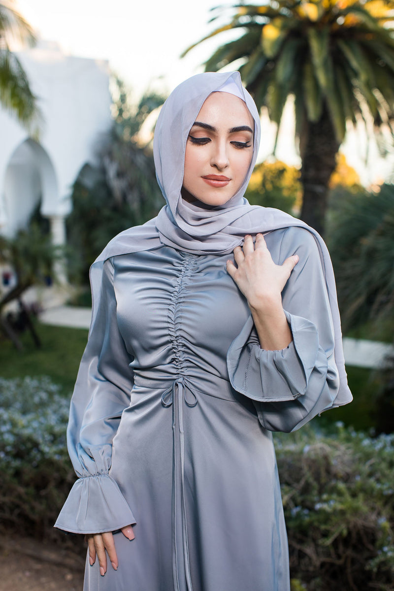 Evie Ruched Satin Dress- Mint Gray