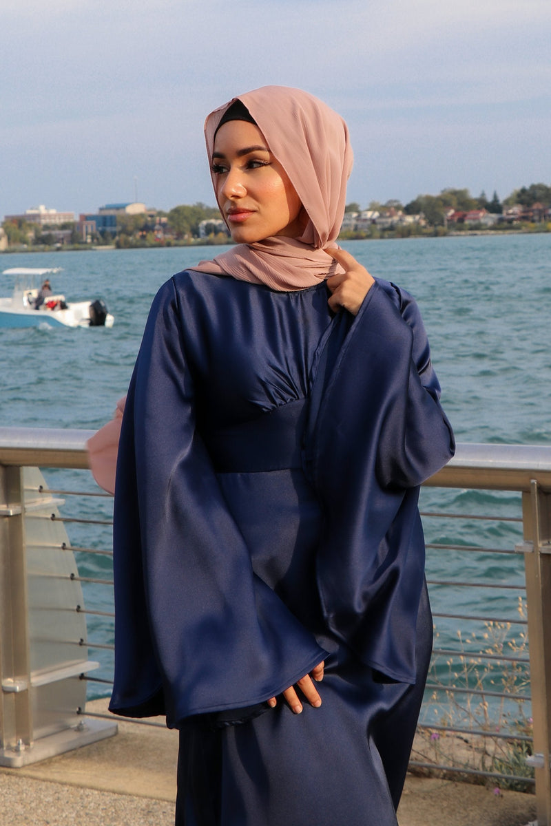 LaMeera Drape Sleeves Satin Dress - Midnight Blue