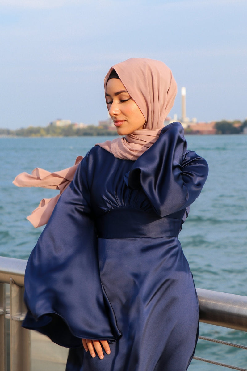 LaMeera Drape Sleeves Satin Dress - Midnight Blue