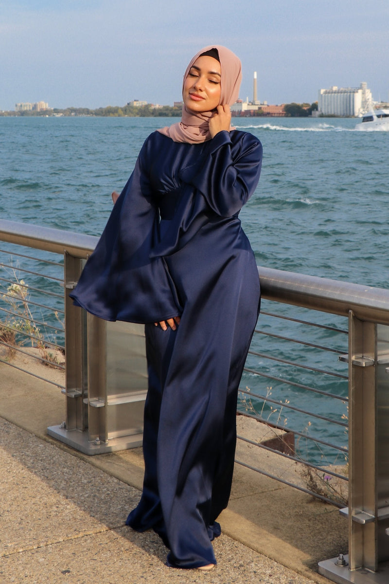 LaMeera Drape Sleeves Satin Dress - Midnight Blue