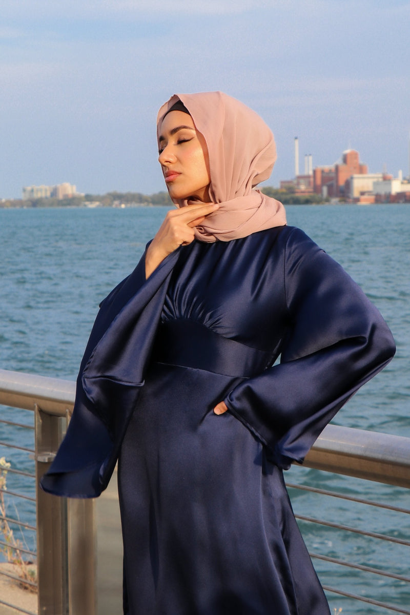 LaMeera Drape Sleeves Satin Dress - Midnight Blue
