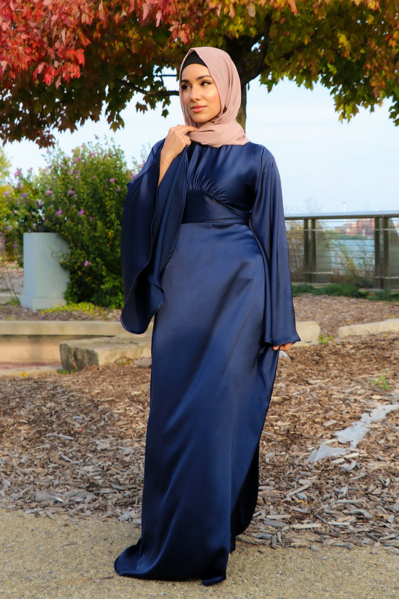 LaMeera Drape Sleeves Satin Dress - Midnight Blue