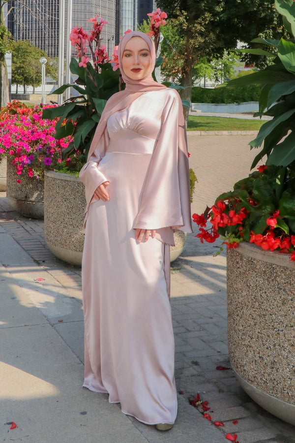 LaMeera Drape Sleeves Satin Dress - Blush Pink