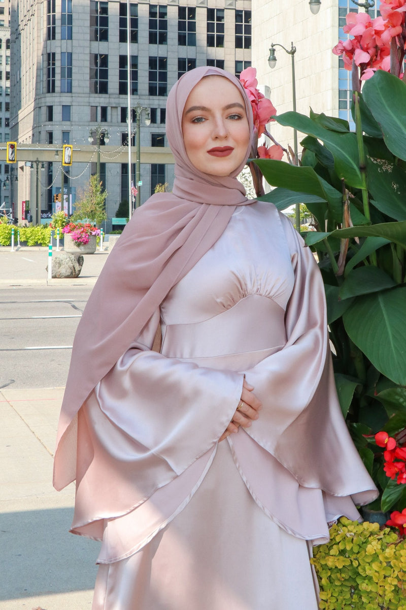 LaMeera Drape Sleeves Satin Dress - Blush Pink
