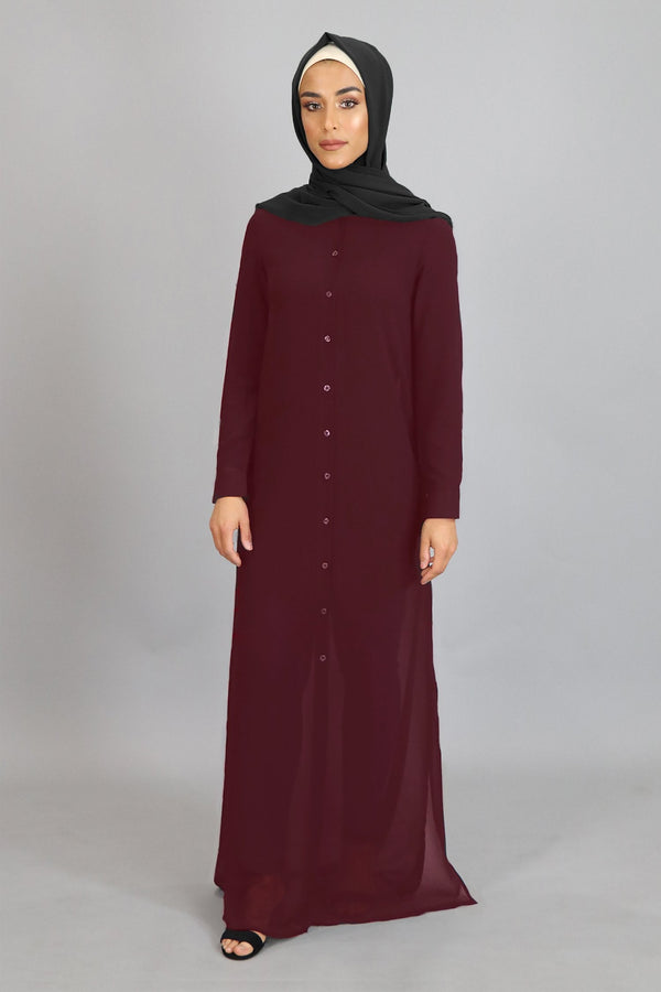 Mahogany Chiffon Hooded Abaya Buttoned-Down Cardigan Dress (2455273668665)
