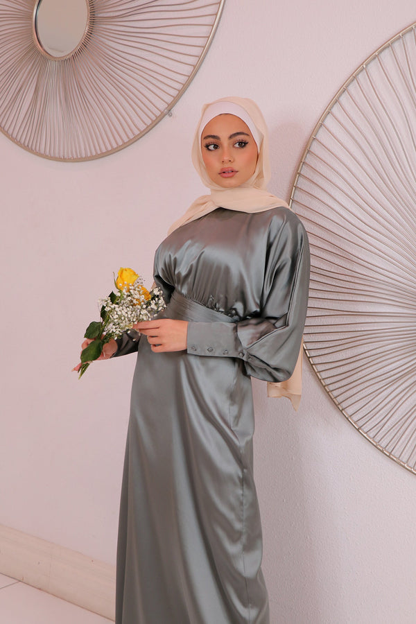Liliana Batwing Satin Dress - Mint Gray