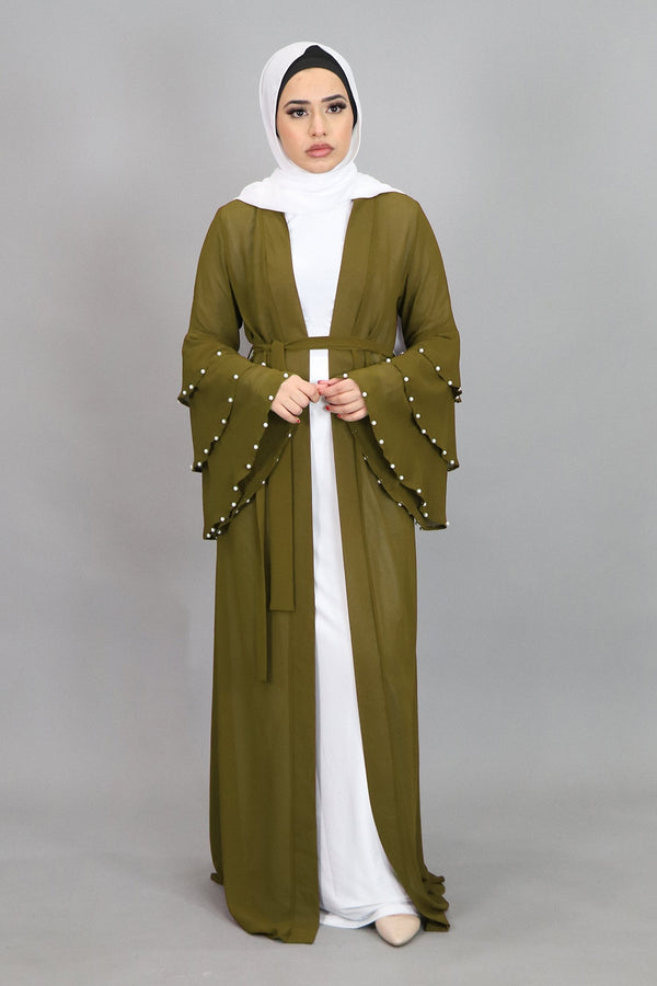 Olive Green Chiffon Pearls Abaya Buttoned-Down Cardigan Dress (4644770250809)