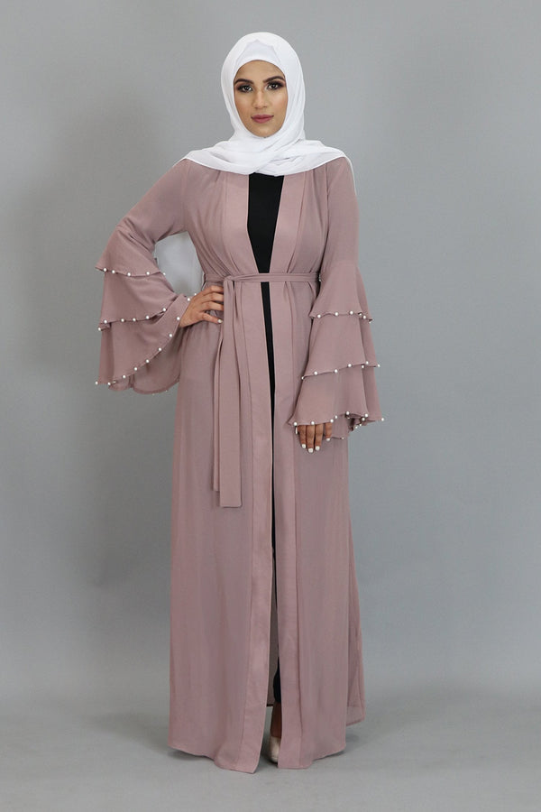 Rose Pink Chiffon Pearls Abaya Cardigan Dress (2346724753465)