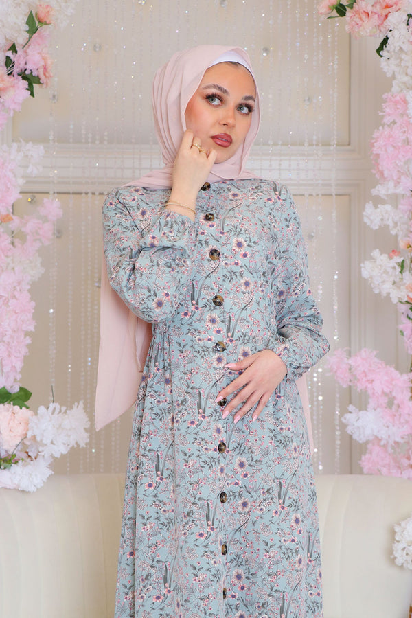 Maya Floral Button Down Dress- Mint Blue