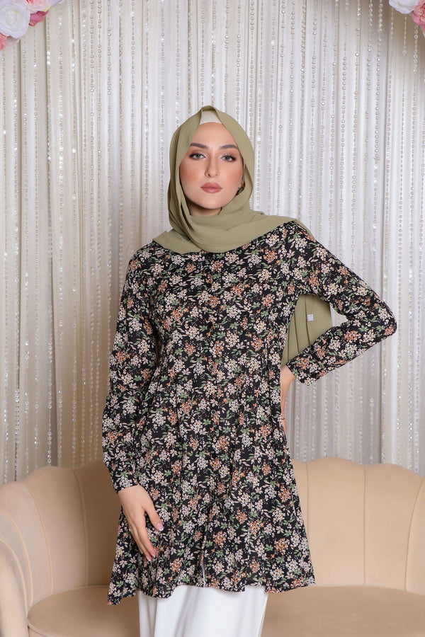 Avery Floral Fit & Flare Top - Black