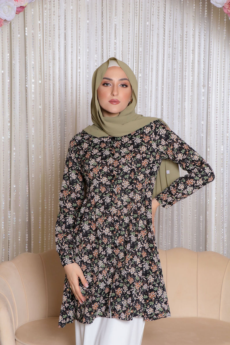 Avery Floral Fit & Flare Top - Black