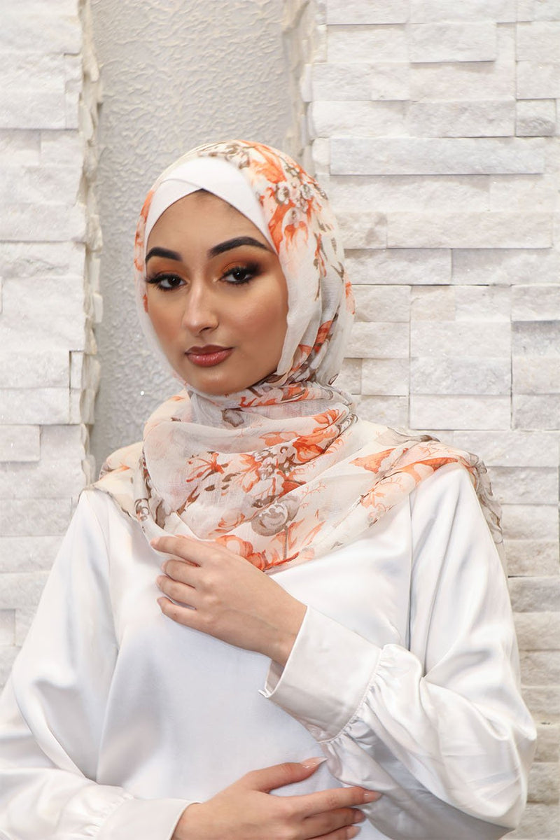 Floral Cotton Scarf- White & Orange