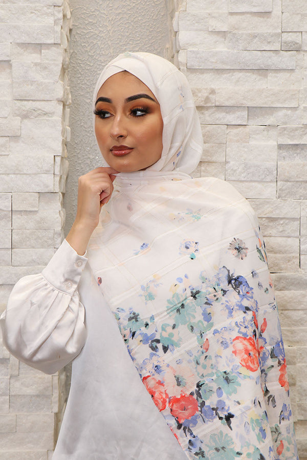 Floral Cotton Scarf- White & Blue