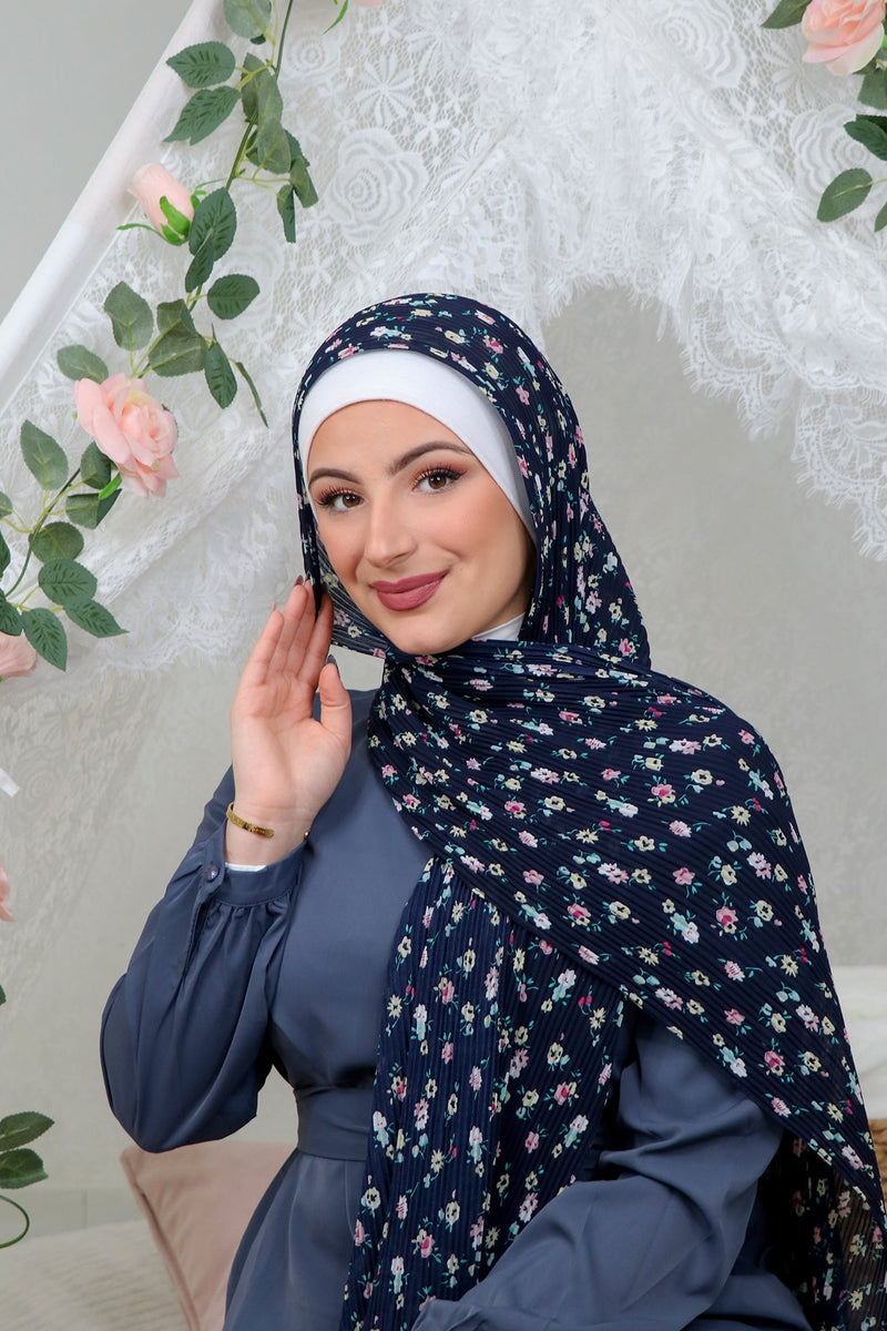 Floral Crinkled Scarf- Navy Blue